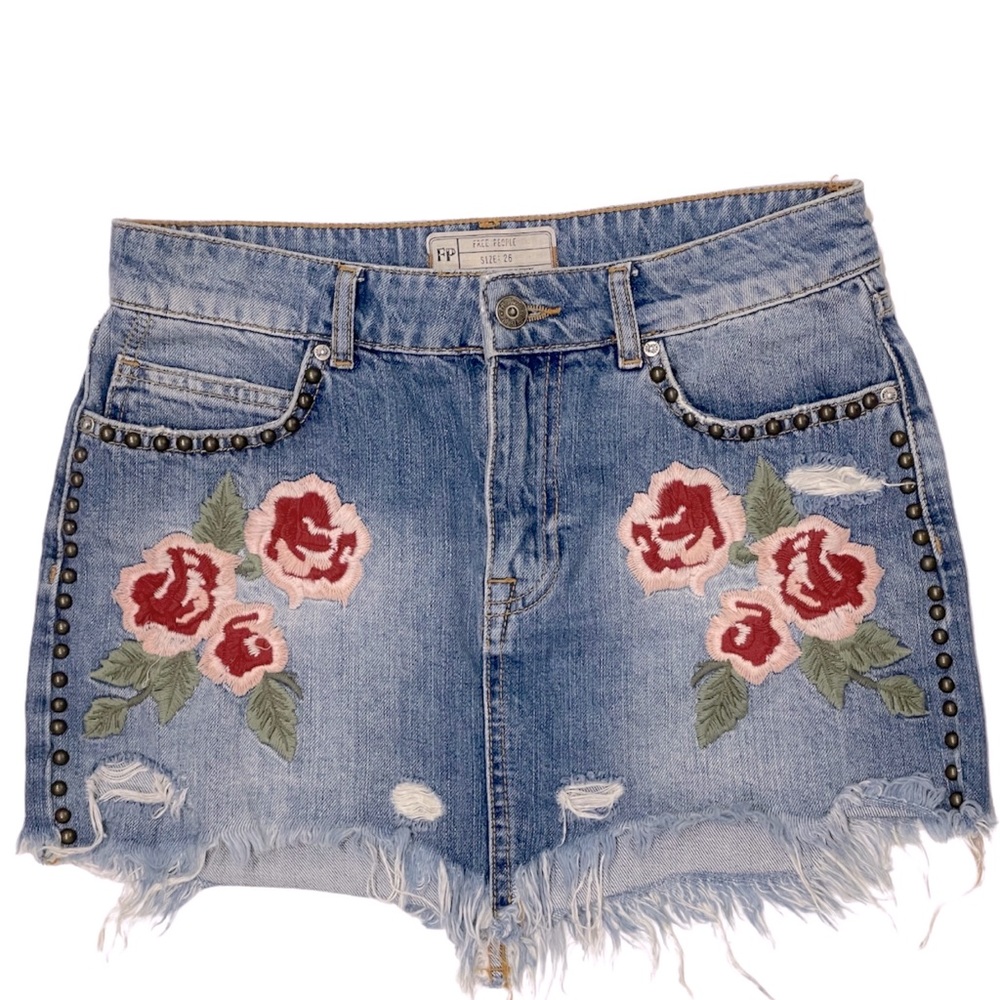 Free People Distressed Denim Mini Skirt with Floral Embroidery